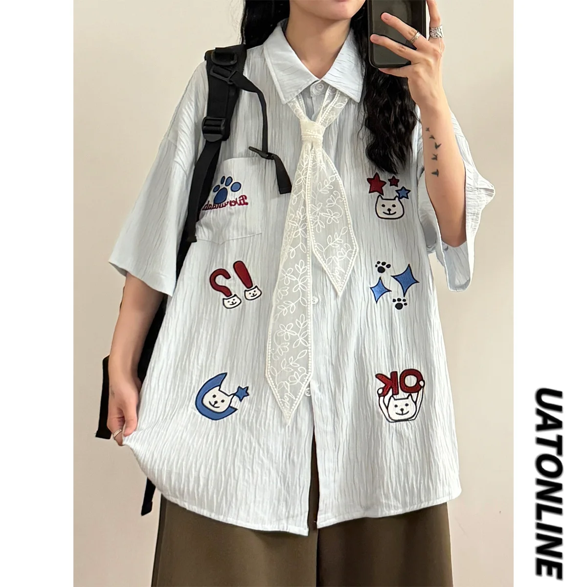 

UATONLINE Летняя женская футболка в американском ретро-стиле с мультяшной вышивкой, текстурой и складками, свободного кроя, для уличного стиля