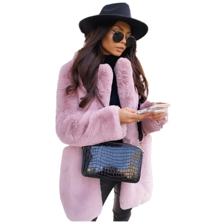 Elegant Commuter Long Sleeve Collar Faux Fur Coat Pure Color Warm Large Size Women's Coat  Fur Women's Fashion Outerwear