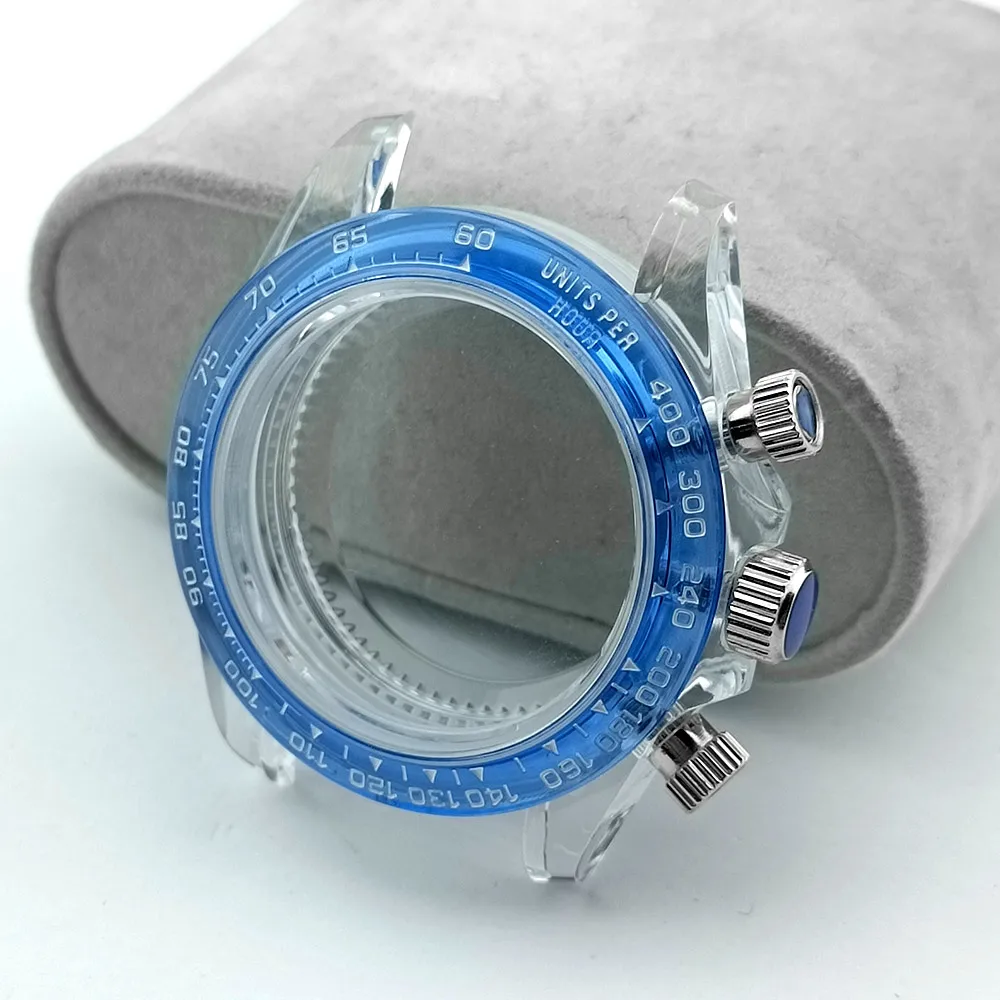 39,5 mm Modisches transparentes Acryl-Uhrengehäuse, passend für VK63-Uhrwerk, Uhrenzubehörteile, blau, gelb, weiß, Uhrenbox – Detail 5