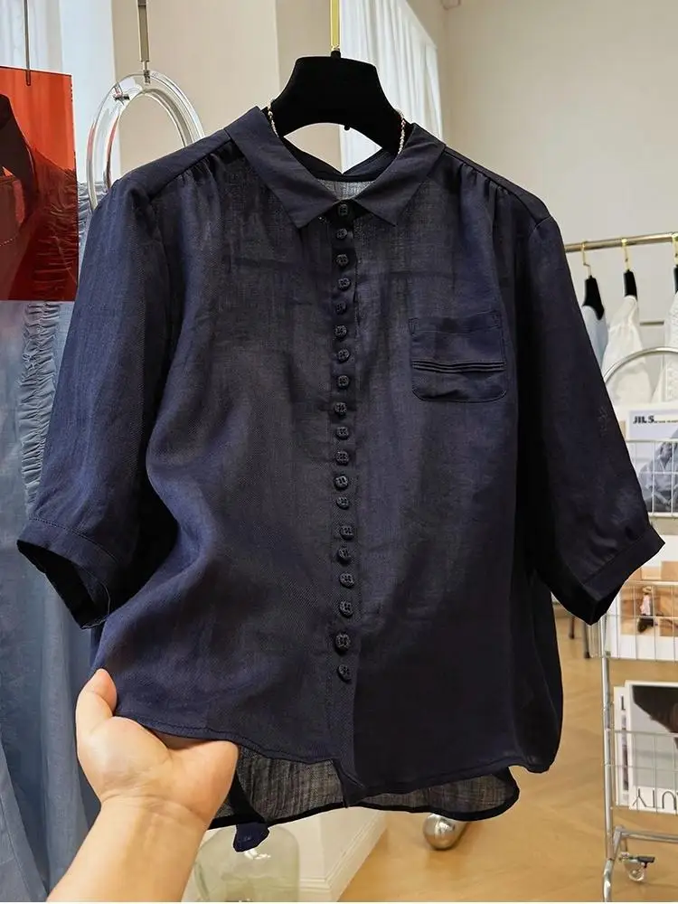 

Retro Solid Color Summer Cotton Linen Shirt Women Short Thin Loose Versatile Stylish Casual Tops