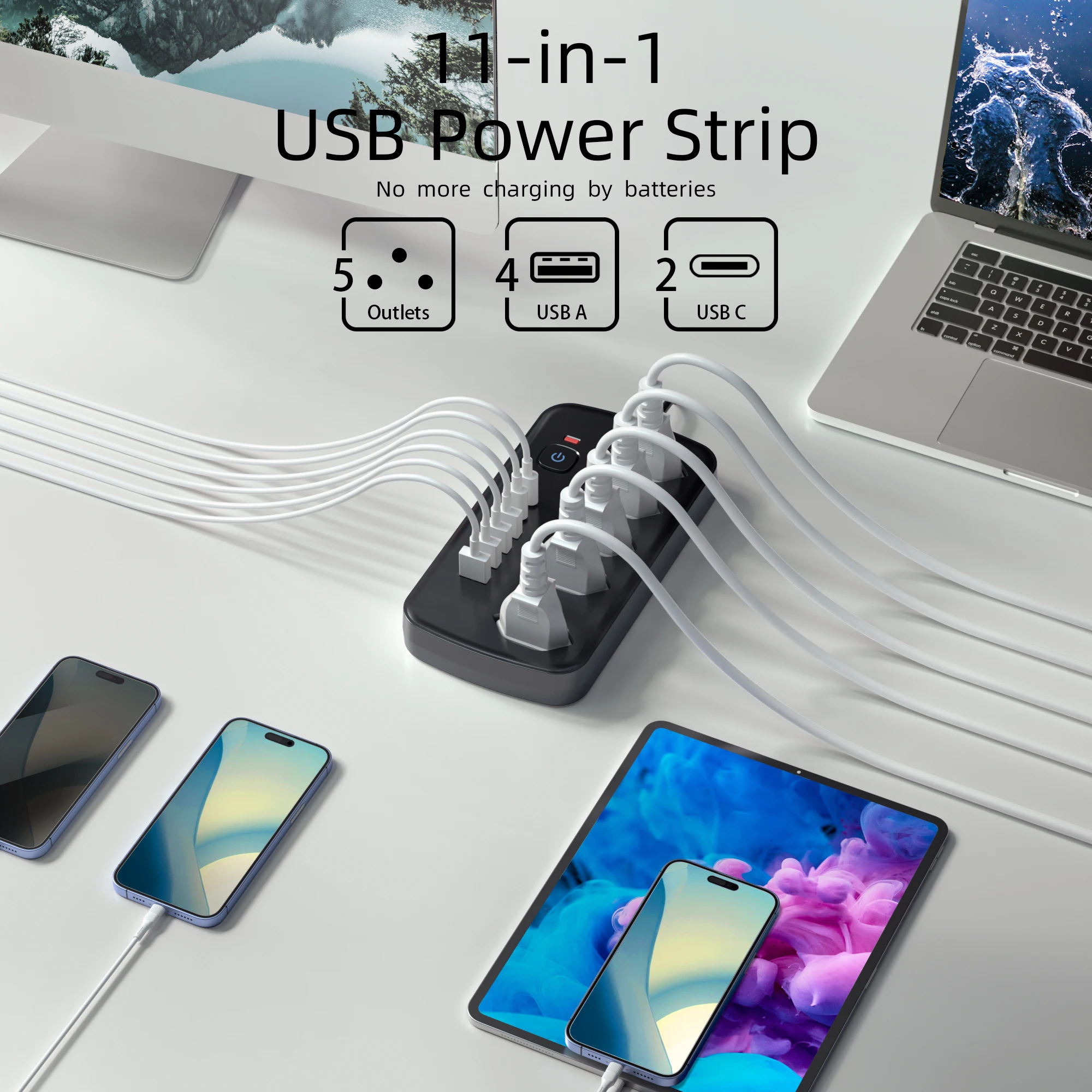 11 in 1 Power Strip, With 6 USB Charger (2 USB C), 5 AC Outlets Compact Desk Charging Station Wall Mount For Office, School