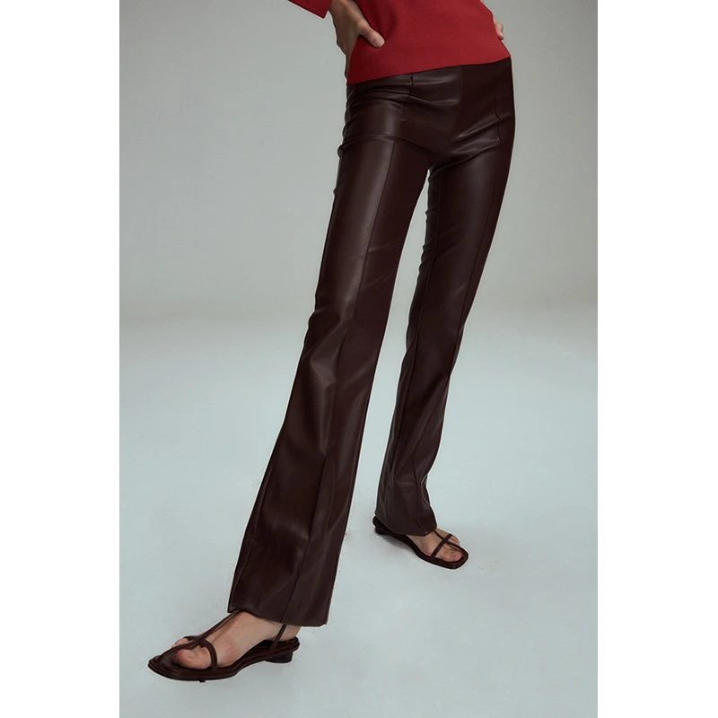 

RUIEE Eco-friendly Protein Leather Micro Flared Pants Elastic eep Skin Feel Slim Fit Casual Trousers Olive Wine Red