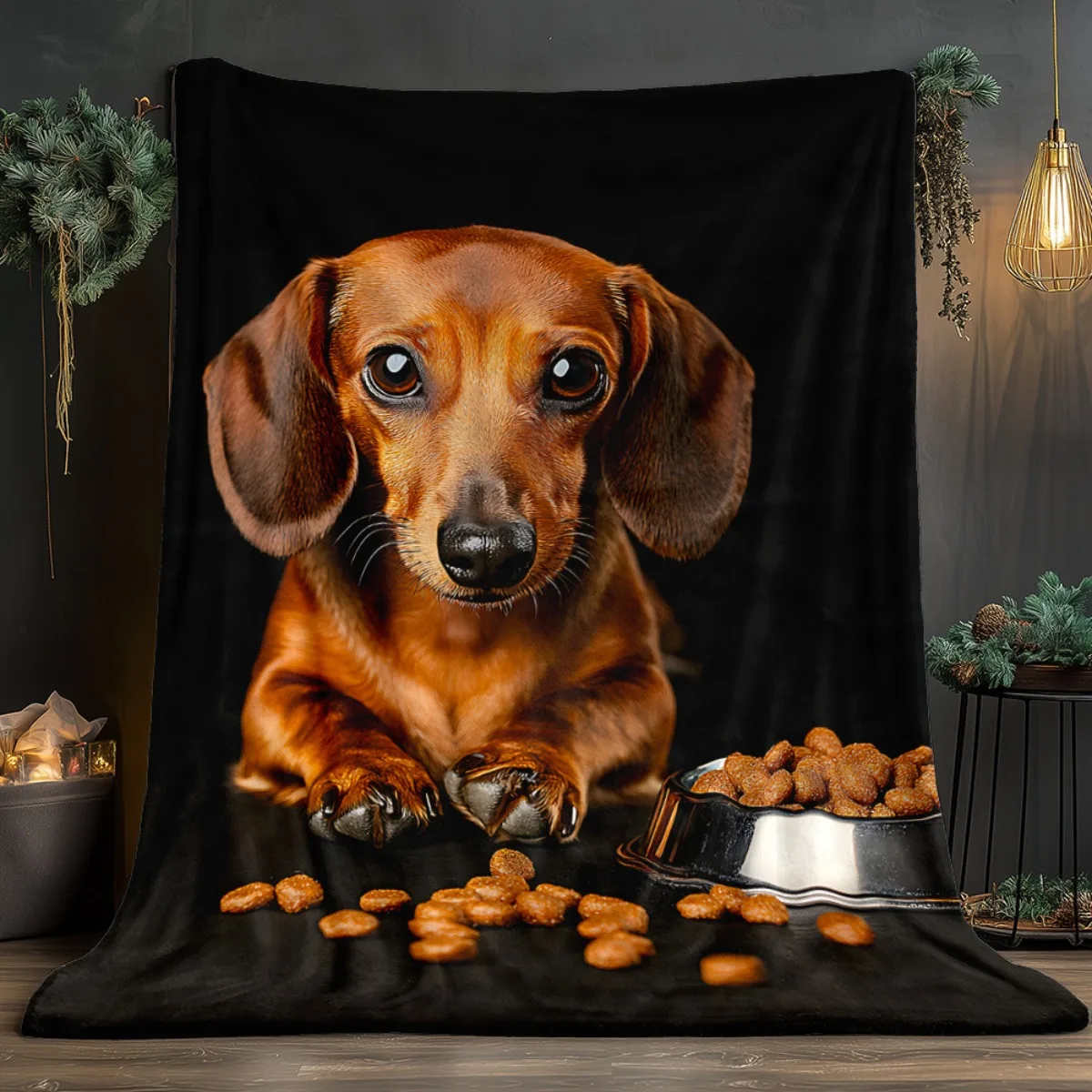 Dachshund dog food bowl flannel blanket cute pet art throw blanket dog lover gift cozy blanket