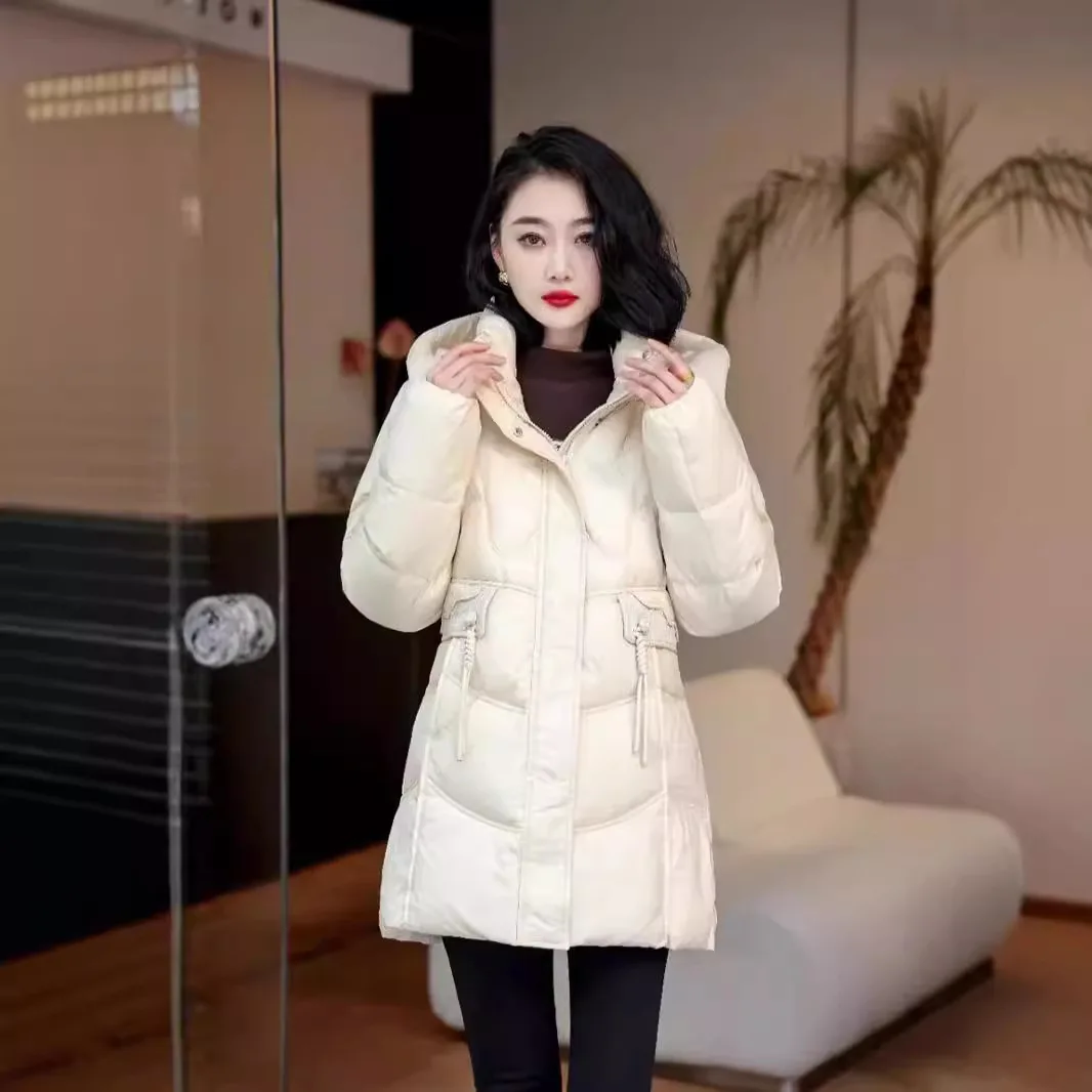 Women's Mid-length Hooded Down Jacket with Slim Disk Buckle, White Duck Down Coat, Light Warm Puffer Jacket, Winter Fashion