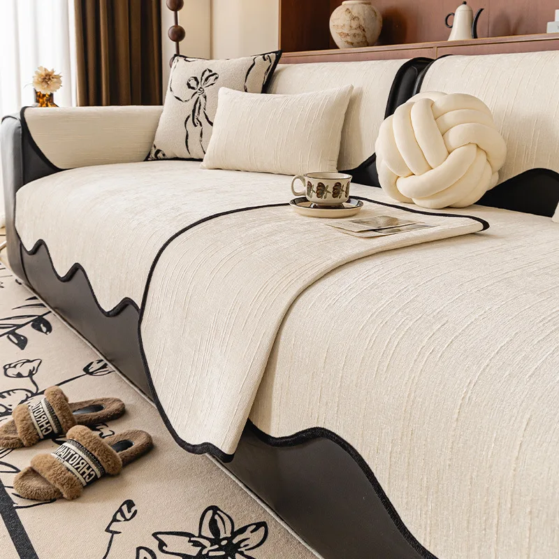 Solid Color Chenille Sofa Cushion All Season Non-slip Anti-scratch Sofa Covers Stain Resistant Seat Pad Ruffle Edged Slipcovers