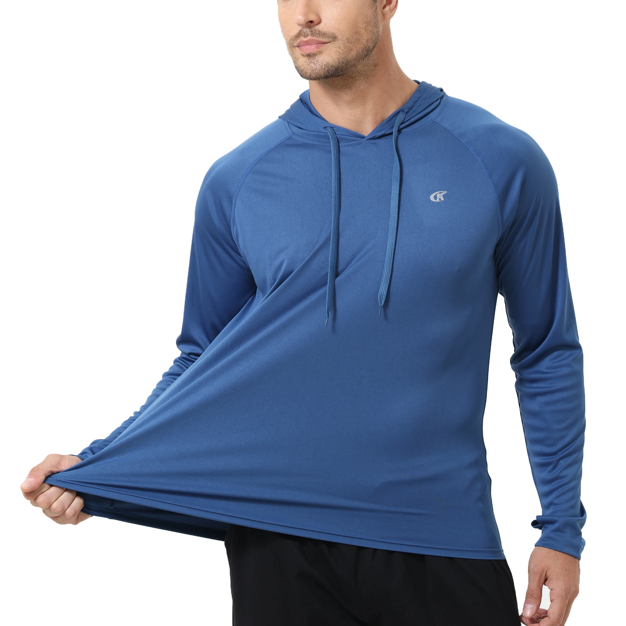 Letnie męskie koszulki z długim rękawem i kapturem UPF 50+, szybkoschnące koszulki typu rash guard do sportów outdoorowych i biegania.