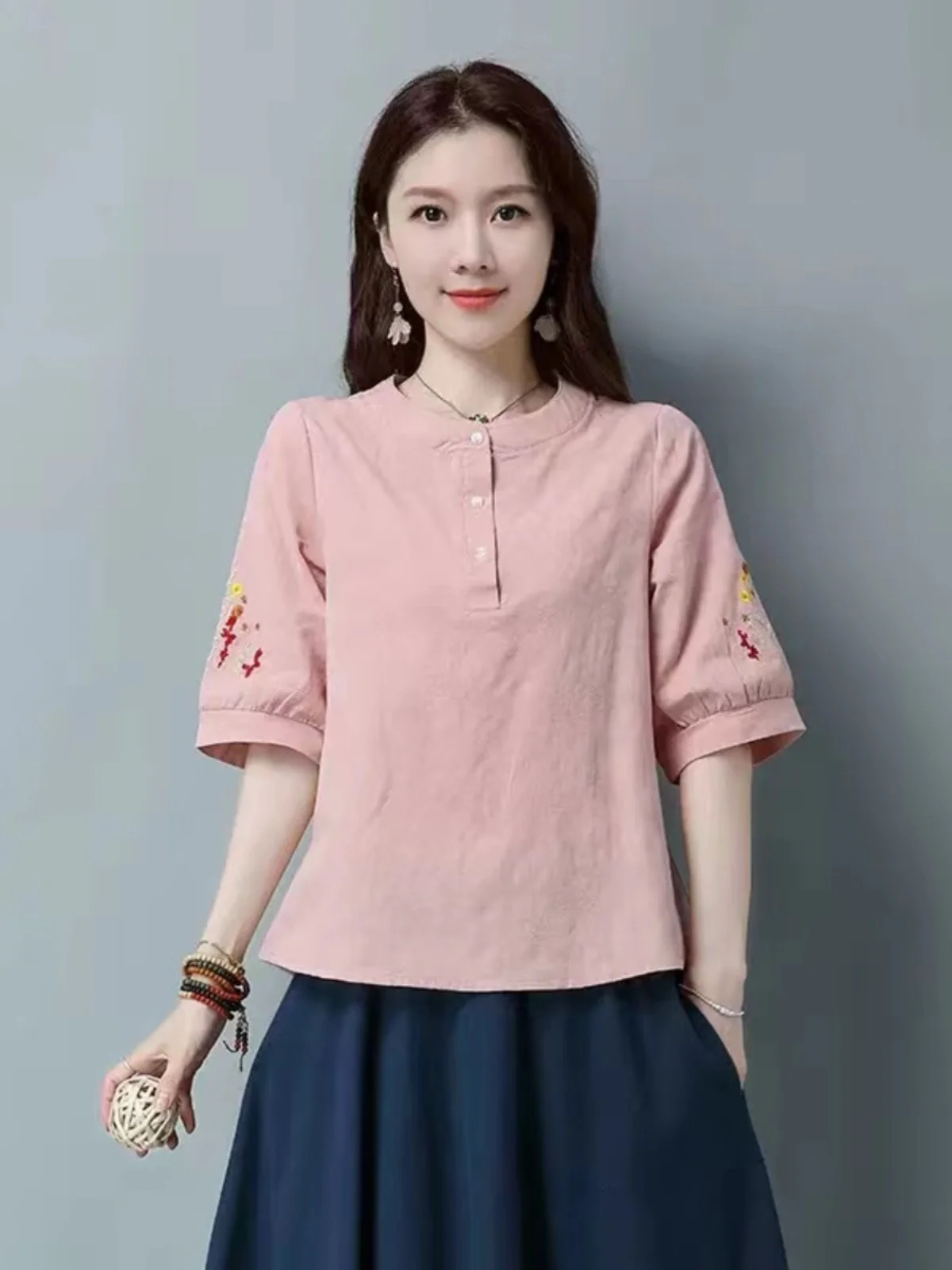 

Chinese Style Cotton Linen Top Retro Summer Women's Clothing Hanfu Reformed Flag Robe Shirt round Neck Short Sleeve