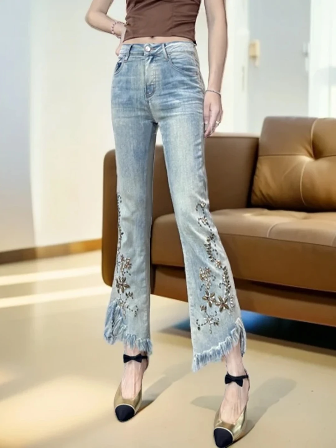 

Spring Summer New Sle Embroidered Hollow out Frayed Micro Flared Jeans Casual High Waist Nine Points Jeans Women's Denim