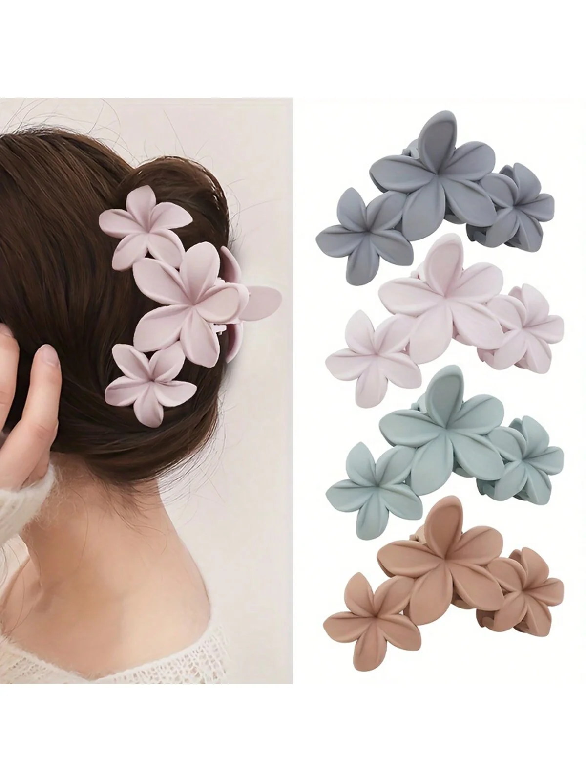 4 Pieces of Sandpaper Hair Clips for Women with Three Flowers. Shark-shaped hair clips. High-quality appearance. Luxurious flowe
