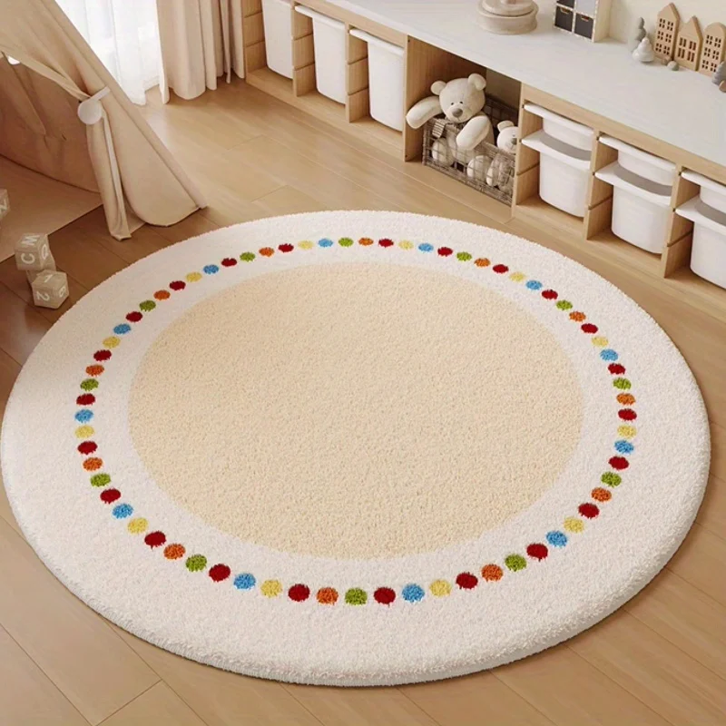 Refined Neutral Framed‑Dot Round Floor Rug Soft Plush Carpet for Urban Apartment Living Room Decoration