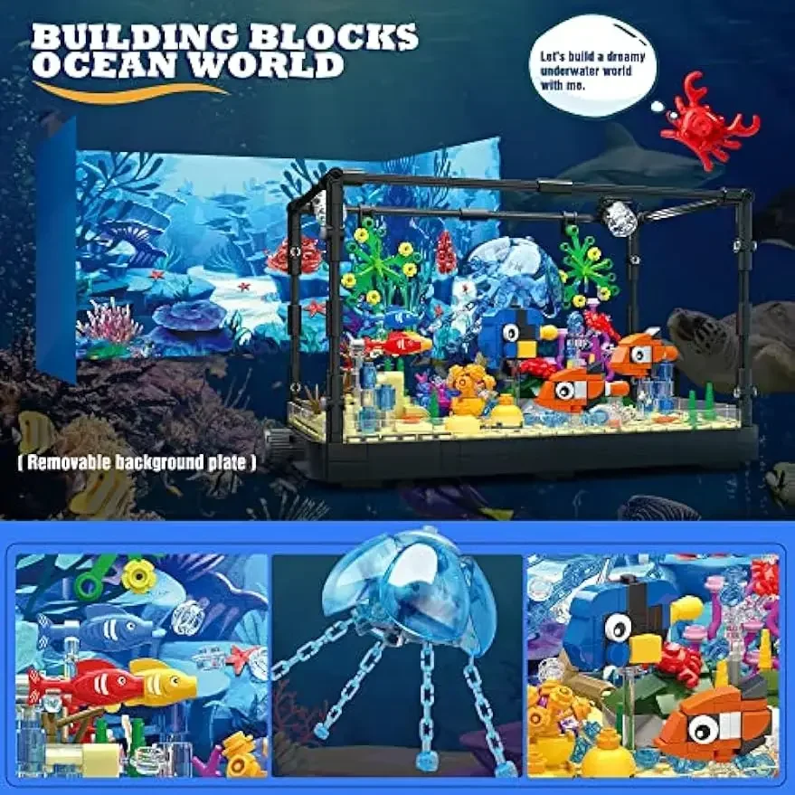 Fish Tank Building Block Lighting Aquarium Compatible Sets for Adults and Kids Ocean Jellyfish Turtle Animal Building Toys