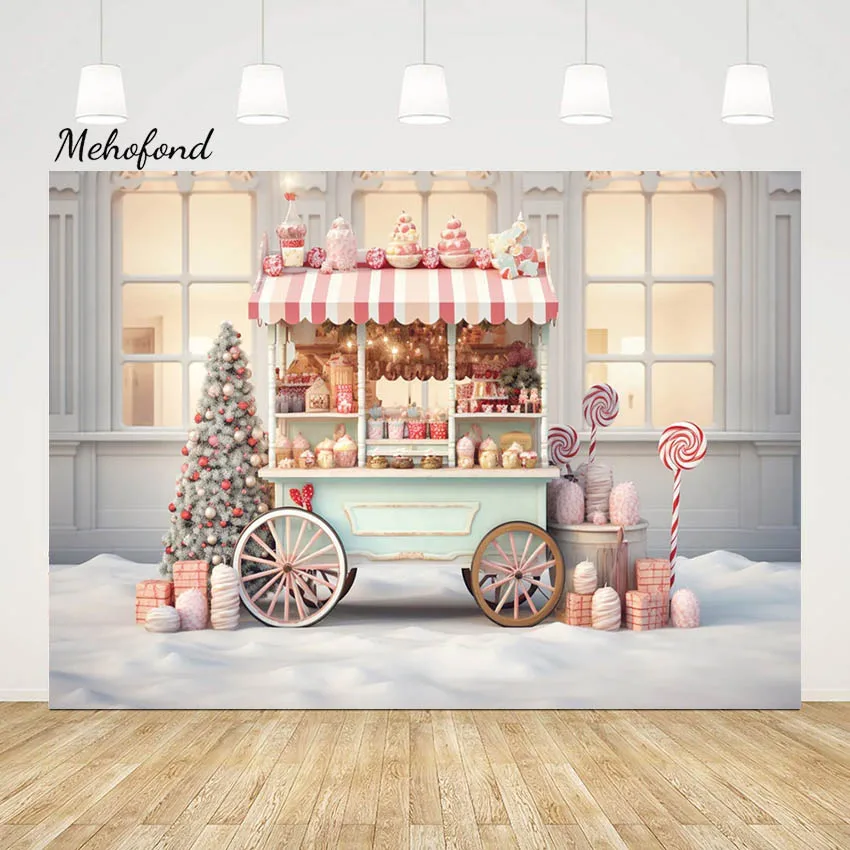 Mehofond Christmas Cart Backdrop Hot Cocoa Candycane Kids Birthday Portrait Snowland Xmas Trees Bell Photo Background Studio