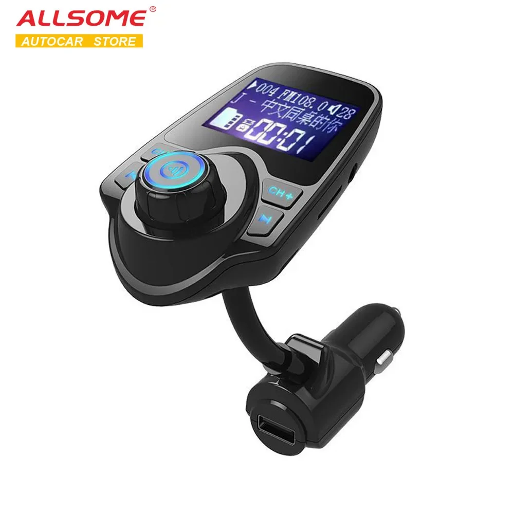 

ALLSOME T10 Bluetooth Car Kit Handsfree Set FM Transmitter MP3 Music Player 5V 2.1A USB Car Charger, AUX Hole Line in & Line Out