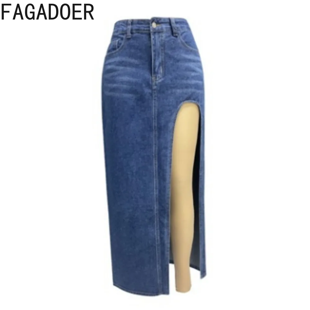 FAGADOER Fashion Denim Skinny High Slit Skirts Women High Waisted Button Slim Bottoms Spring New Female Solid Color Cowboy Skirt