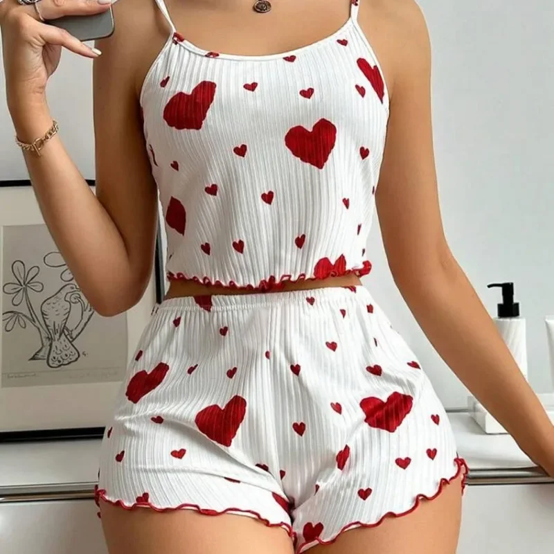 2024 New Summer Style Body-shaping Fashion Trend Love Print Design Knitted Pit Strip Sweet Suspender Shorts Pure Desire Pajamas