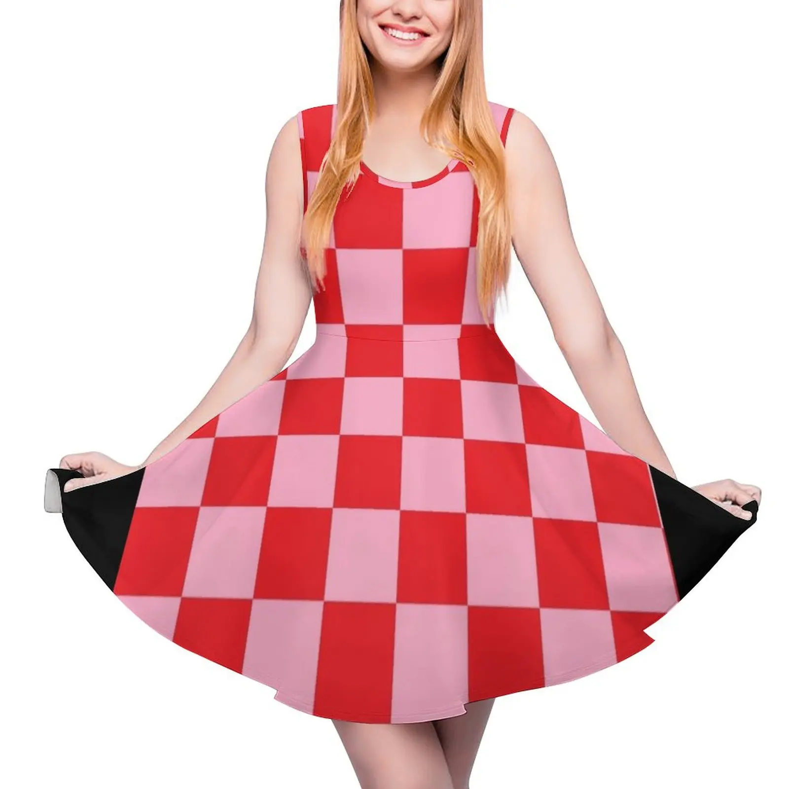 

Checkered Pink and Red Sleeveless Dress women"s summer clothing 2024 dresses for womens 2024