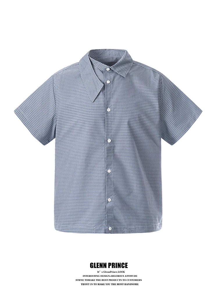 

GPstudio Korean Style Commuter Asymmetric Collar Plaid Short Sleeve Shirt Men's Summer New Elegant Shirt Breathable Skin-frie...