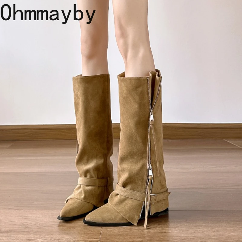 

Winter Pointed Toe Wedges Heel Women Knight High Boots Concise Slip On Shoes Female Vintage Pipe Long Booties Zapatos De Muje