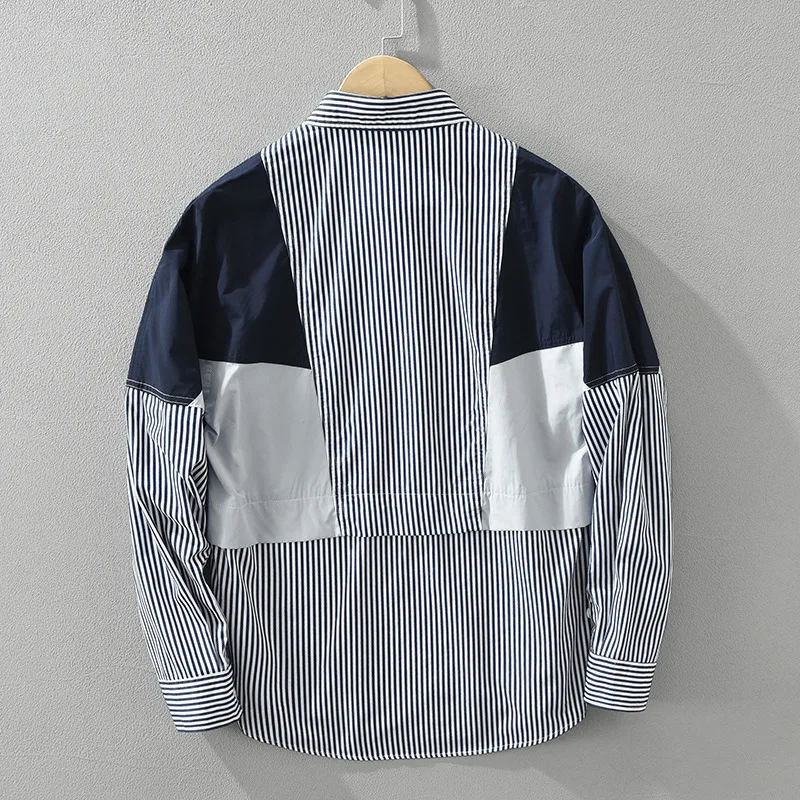 2024 Spring New Patchwork Striped 100% Cotton Shirts for Men Clothing Casual Loose Long Sleeve Streetwear Mens Shirts CM7208