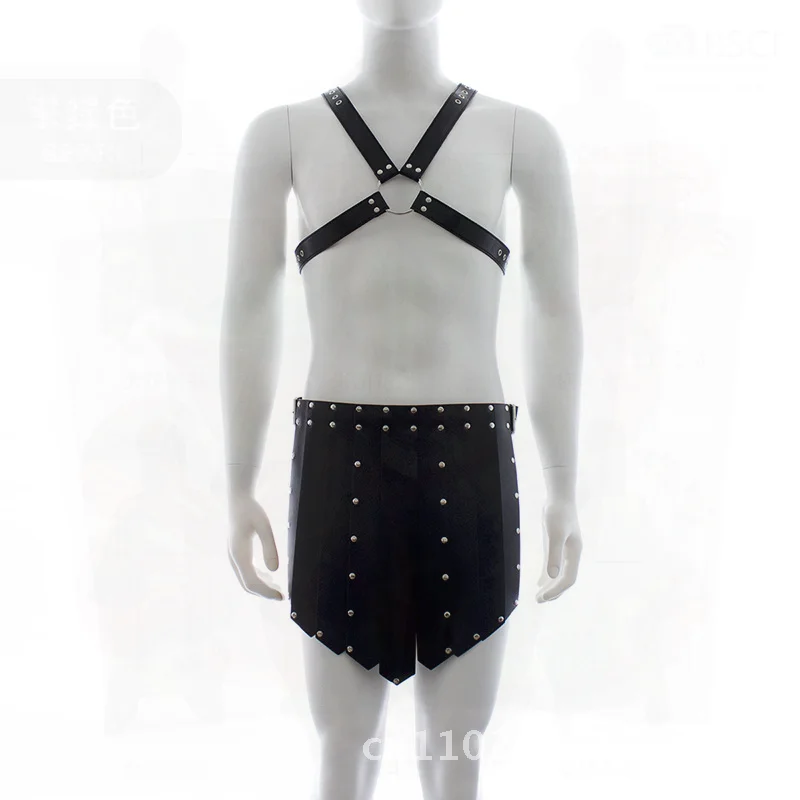 メンズレザーチェストストラップエプロングラディエータープレイ下着ブラック大人用コスチュームセクシーランジェリーパフォーマンスとプレイ用