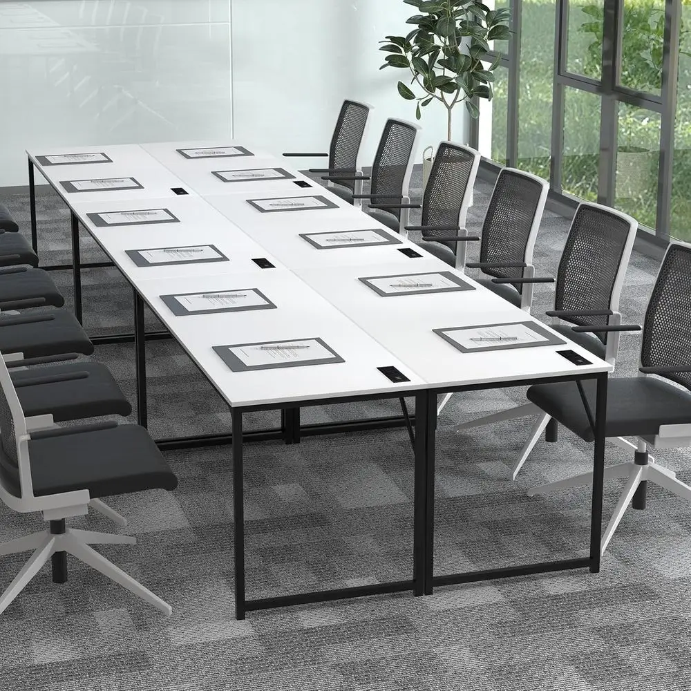 

30 Conference Table with Charging, 6-Piece 60x24 Large Meeting Desks with Storage, Space-Efficient Seminar Tables for 12