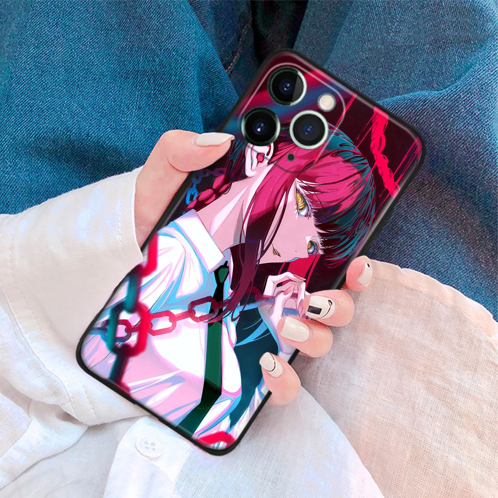 Makima Anime Character TPU Tempered Glass Phone Case for iPhone 16 15 14 11 Pro Max 7 8 15 16 Plus Xr Xs 12 13 Mini