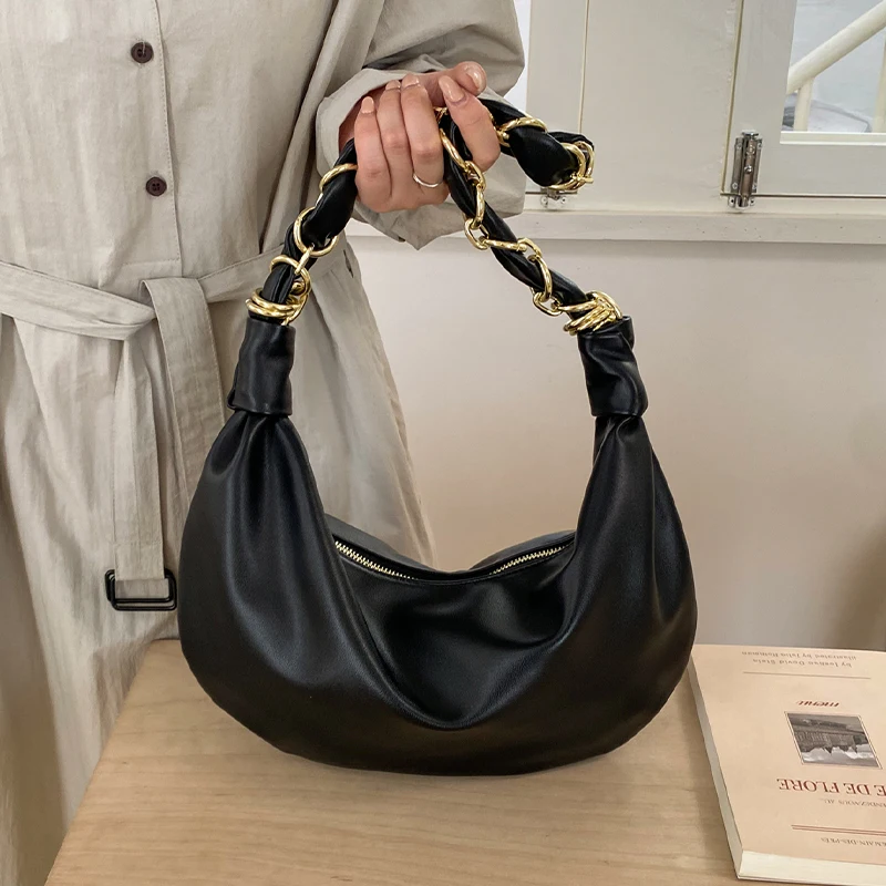 Designer Fashion Thick Chain Shoulder Bag For Women Trendy Hobo Bag High Capacity Underarm Tote Soft Leather Handbag And Purse