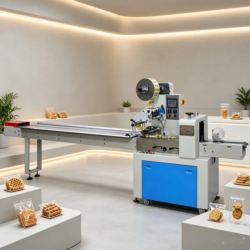 PLC Control Date Ball Protein Bar Automatic Horizontal Wrapper Pillow Packing Machine Cookie Cake Flow Wrapping Machine Custom