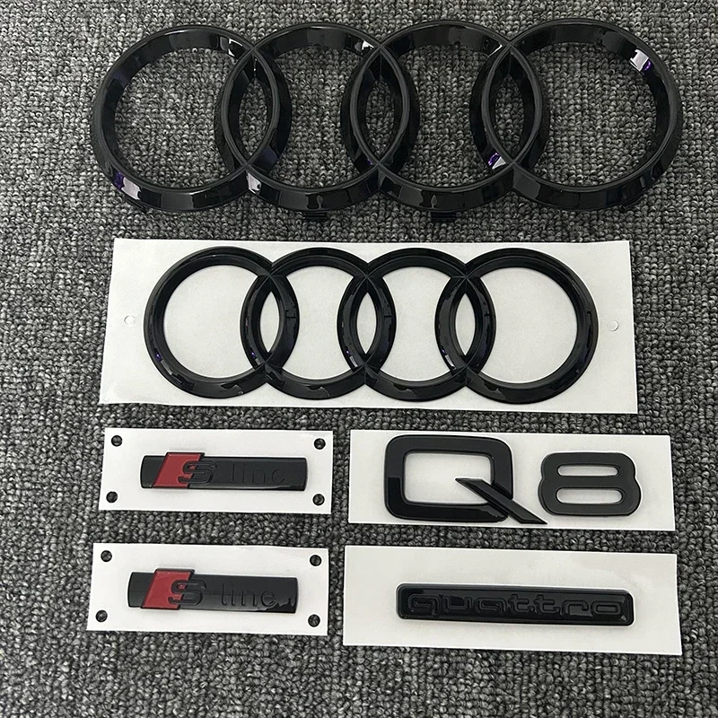 AUDI Q8 2018-2024 4-Ring logo ABS Black Car Hood Front Grill Emblem Rear Trunk Badge Sticker Q8 Sticker Quarrto Sline Emblem