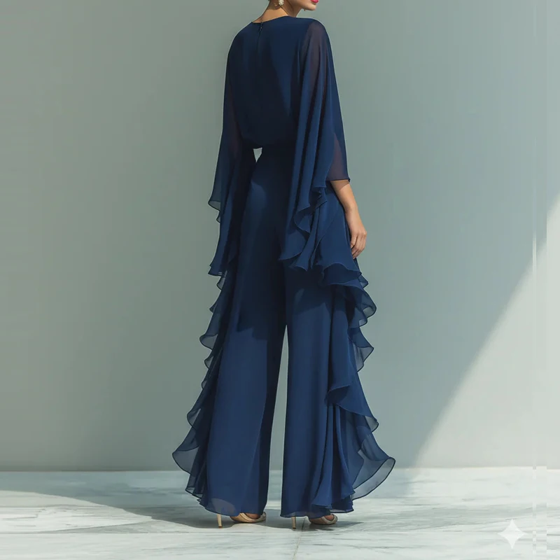 

Women Casual Simple Loose 2Pc Outfits Elegant Ruffled Edges Solid Long Pant Sets Fashion O-neck Flared Sleeve Tops & Pant Suits