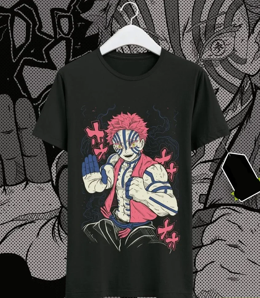 أزياء Akaza Kimetsu No Yaiba المرأة تي شيرت شيطان القاتل Tanjiro للجنسين الأسود التي شيرت الكرتون أنيمي نمط الملابس Y2K أعلى