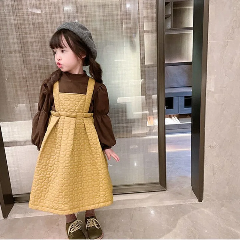 Girls Set with Velvet Bubble Sleeves Long Sleeved Top I Shaped Vest Skirt 26 Spring Clothes New Childrens Clothing