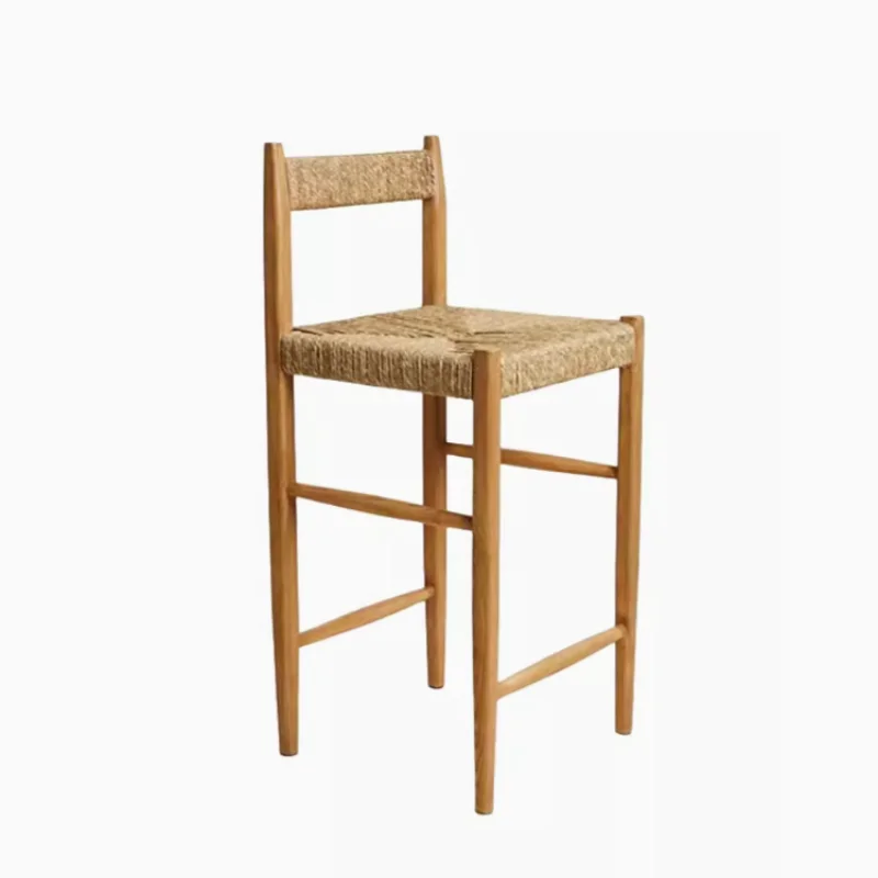Medieval dining Solid wood rattan chair Rope bar Household island bar chair High stool image 5