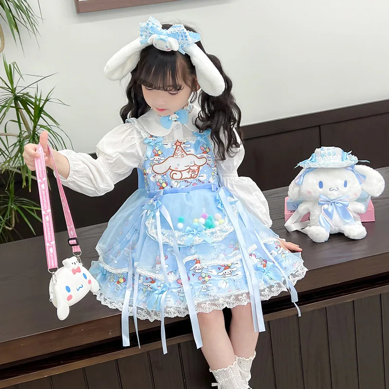 Kawaii Cinnamoroll Kids Lolita Princess Skirt T-Shirt Spring Autumn Dress Sanrios Girls Cosplay Costume Birthday Party Skirt