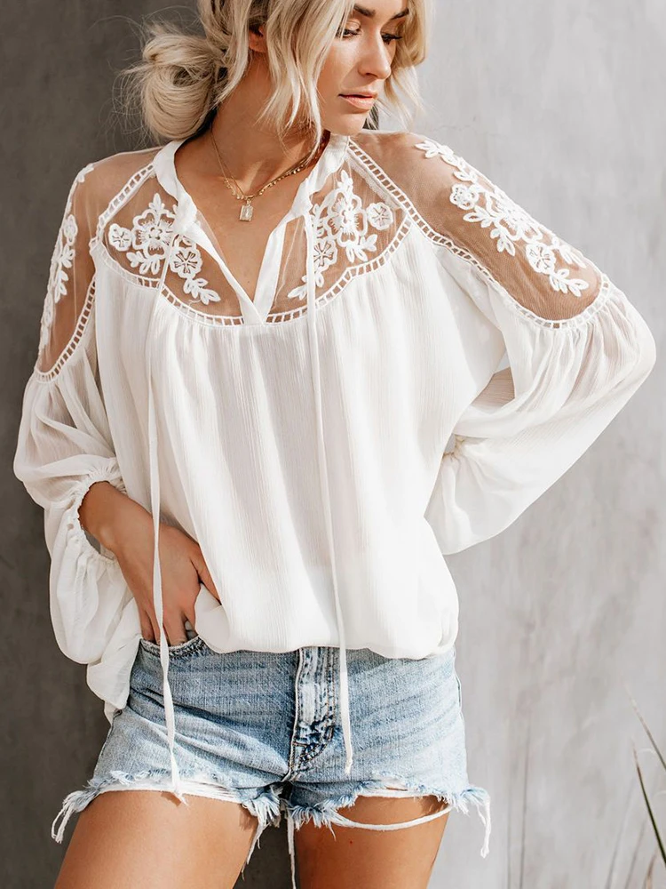 Spitze Mesh Shirt Frauen Stickerei Patchwork lässig Langarm Tops Sommer sexy Chiffon Bluse lose Tops Shirts weibliche Blusas