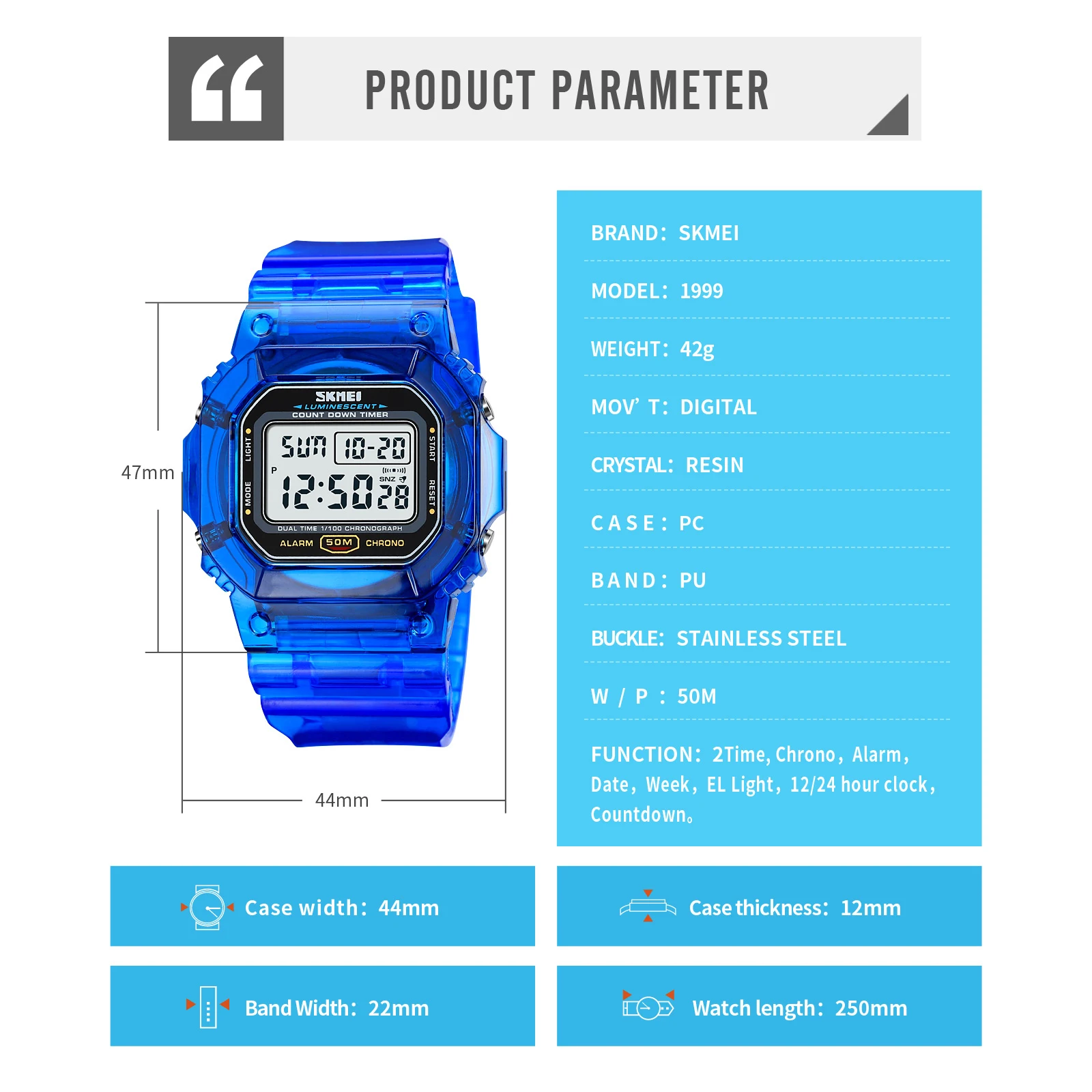 SKMEI Transparent PU Strap Lady Wristwatch Shockproof New Multifunctional 2 Time Count Down Women Digital Watches reloj mujer