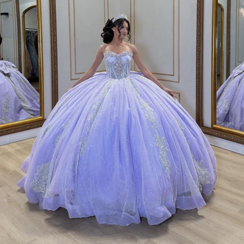 

Lavender Shiny Quinceanera Dresses Off The Shoulder Applique Lace Beading Crystal Bow Corset Tull Party Birthday Sweet 16 Dress