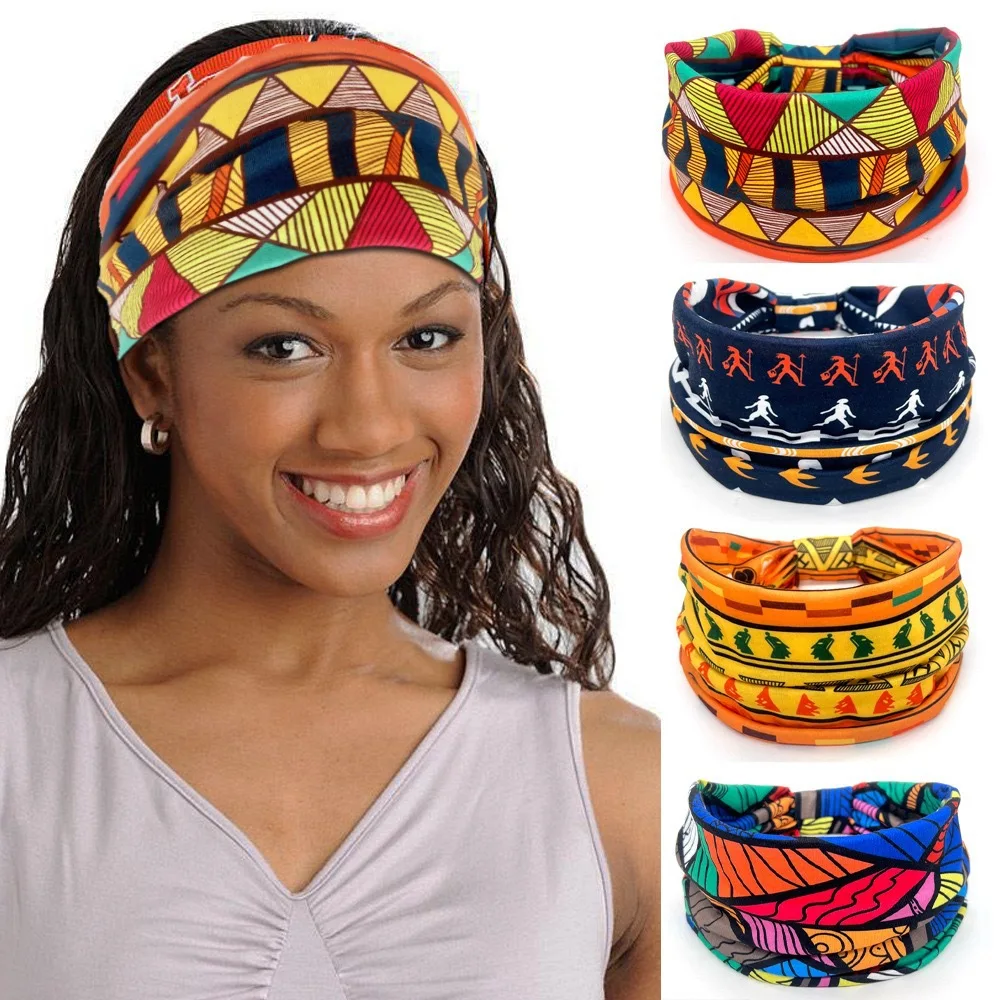 European and American women's headband with African print pattern, wide edge elastic knotting, sports yoga headband, women's headwear, hair accessories