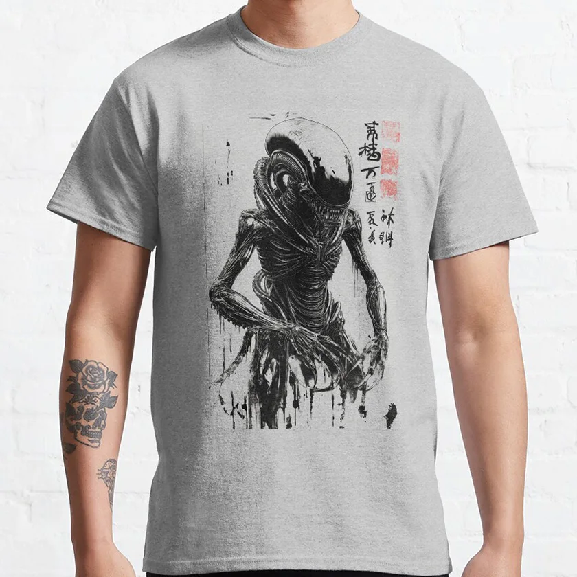 Xenomorph Japanese scary film Poster design horror movie sci-fi Alien 100% cotton printed t shirt plus size men's clothing