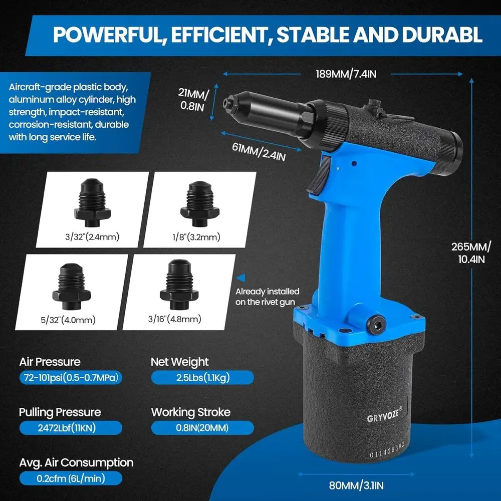 Pneumatic Rivet Gun Air Pop Riveter Tool Kit with 3/32, 1/8, 5/32, 3/16 Rivet Nozzles, Self-Suction Pneumatic Riveting Gun, Upgr