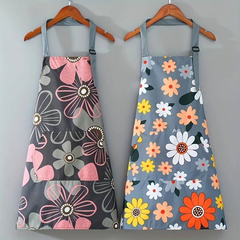 1pc Waterproof Oil-proof Floral Print Kitchen Apron with Adjustable Neck Strap Pockets, Anti-stain Cooking Bib for Women Baking
