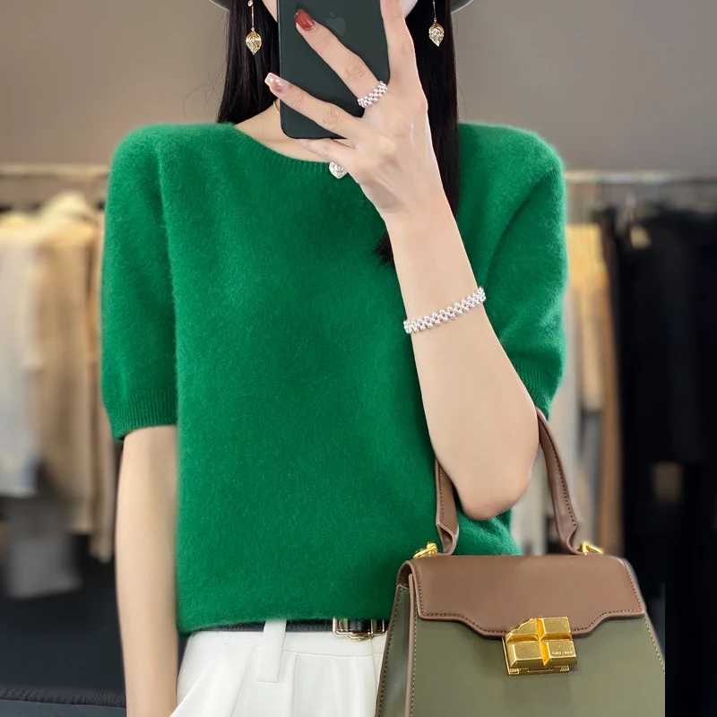 100% pure wool women's round neck sweater short sleeve seamless loose knit half sleeve bottoming sleeve.