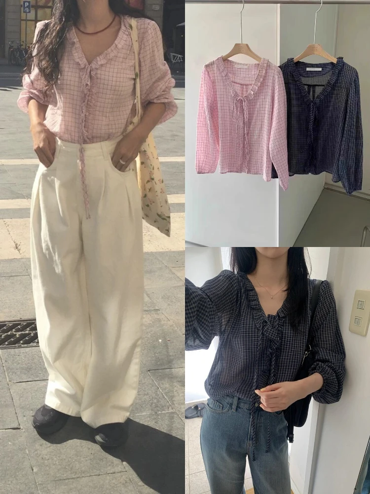 

Свободные длинные све V-Ne irt Dongda Gate, деревянные уши, кружевная отделка с поясом, универсальные женские хлопковые волосы в стиле ретро, весенне-осенний сезон