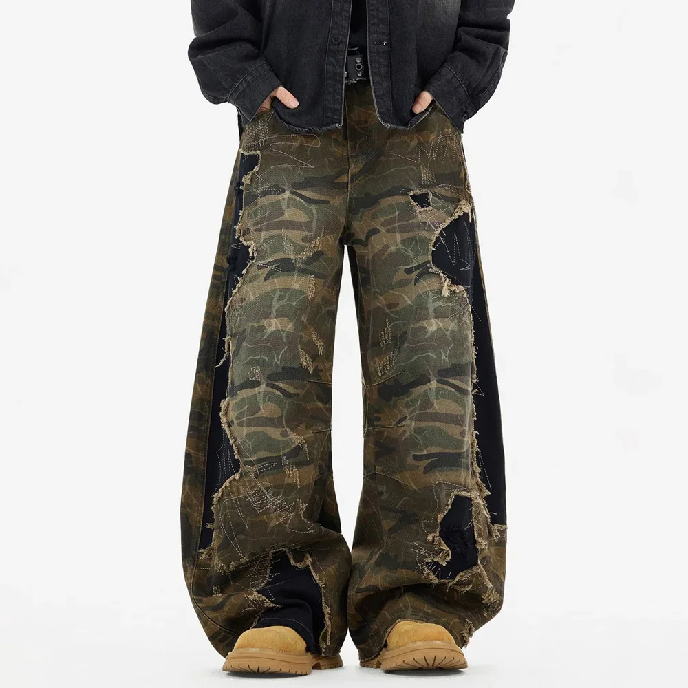 Men Streetwear Vintage Loose Casual Ripped Scimitar Jeans Pants Women Machete Trousers Wasteland Style Patch Denim Baggy Jeans
