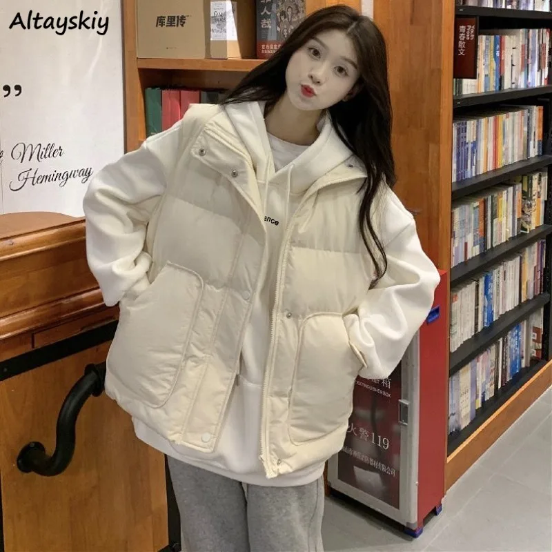 Ärmellose Parkas Frauen Herbst Winter Süße Studenten Warme Solide Einfache Alle-spiel Freizeit Taschen Streetwear Koreanischen Stil Gemütliche