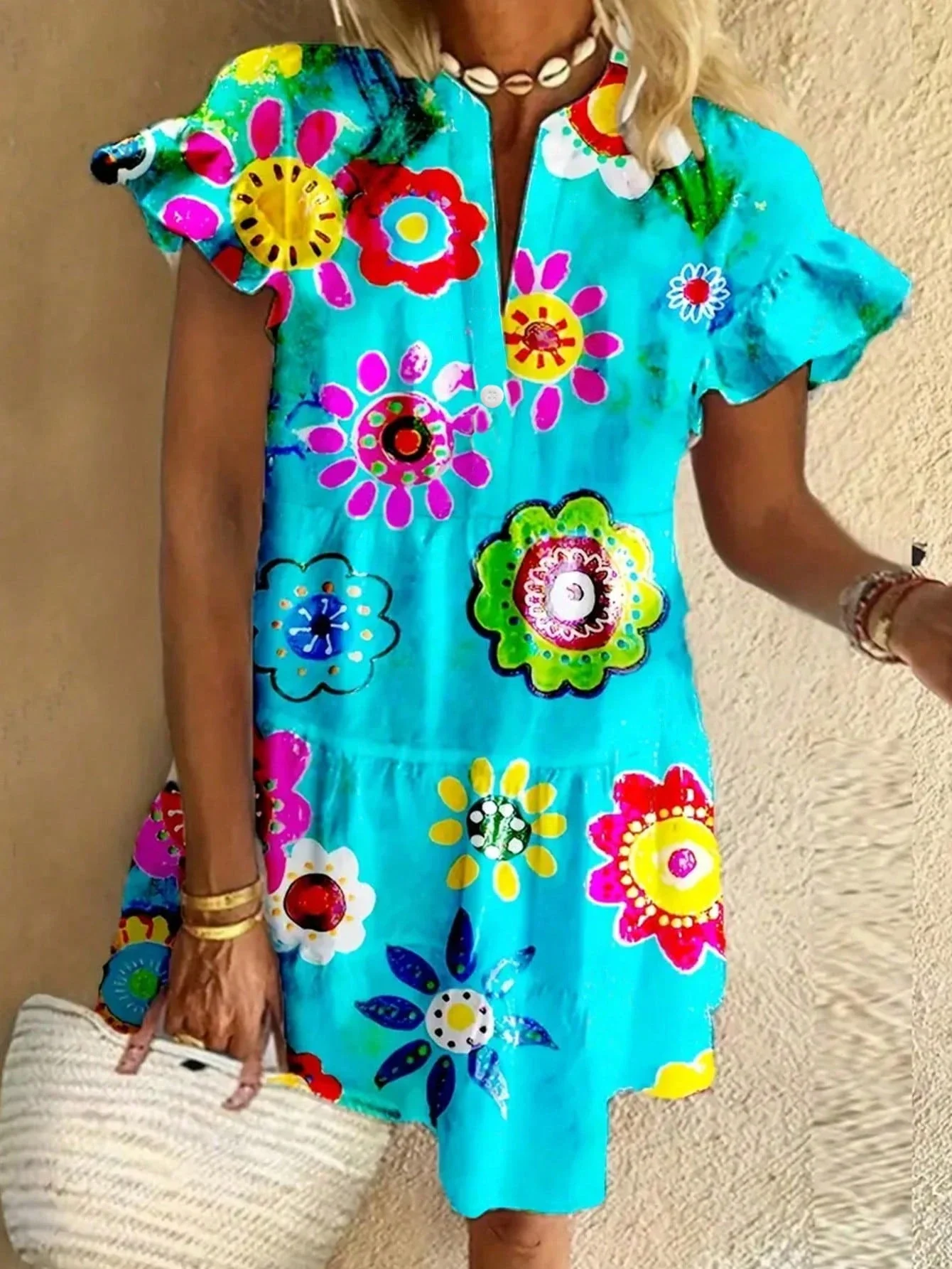 

Летнее платье с цветочным принтом и V-образным вырезом для пляжа и вечеринок в саду