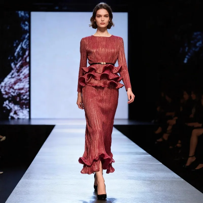 

Miyake 2025 Fall Winter New Pleated Long-sleeved Blouse 2-piece Set Waist Ruffled Half Skirt Slim Women's Clothing Europe