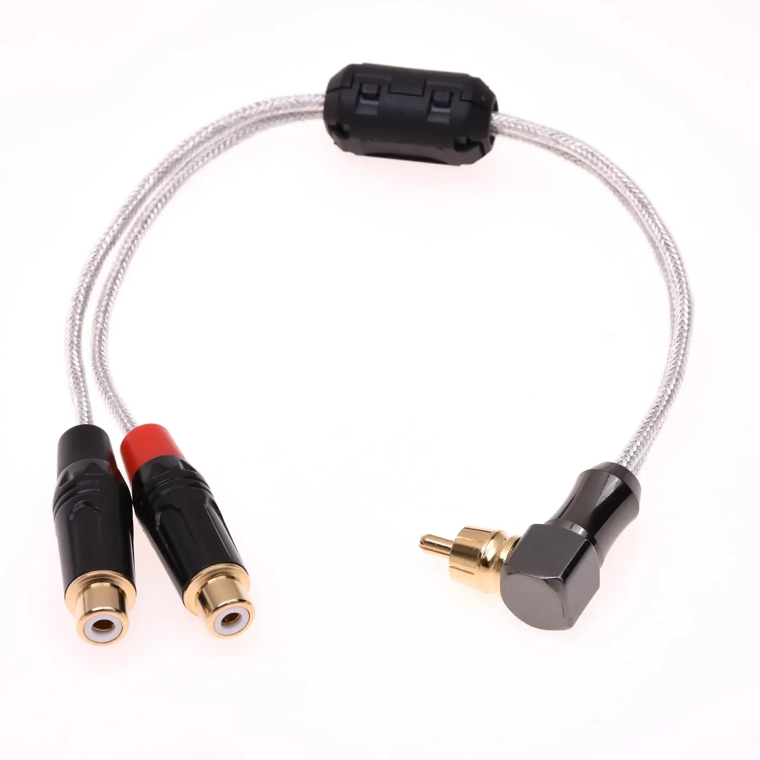 20CM Clear Silver Plated Shield L-Type RCA Male to 2 RCA Female 1 to 2 Speaker Audio Adapter