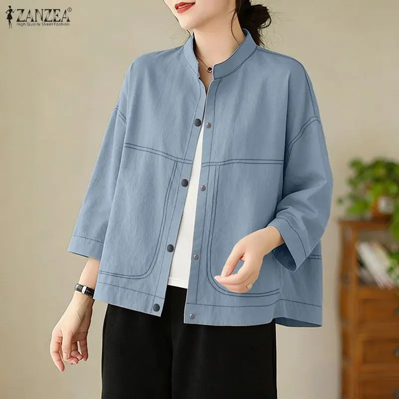 

Женские повседневные шикарные куртки ZANZEA с воротником-стойкой, спущенным плечом, рукавом 3/4, контрастной строчкой и пуговицами, легкие женские пальто, размеры S-3XL