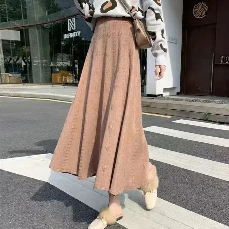 Women High Street Casual High Waist Screw Thread Skirt Autumn Winter New Solid Color Fashion Elastic Waist Knitting A-line Skirt